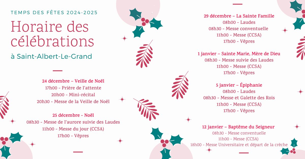 Horaire des célébrations du temps de Noël à Saint-Albert-Le-Grand